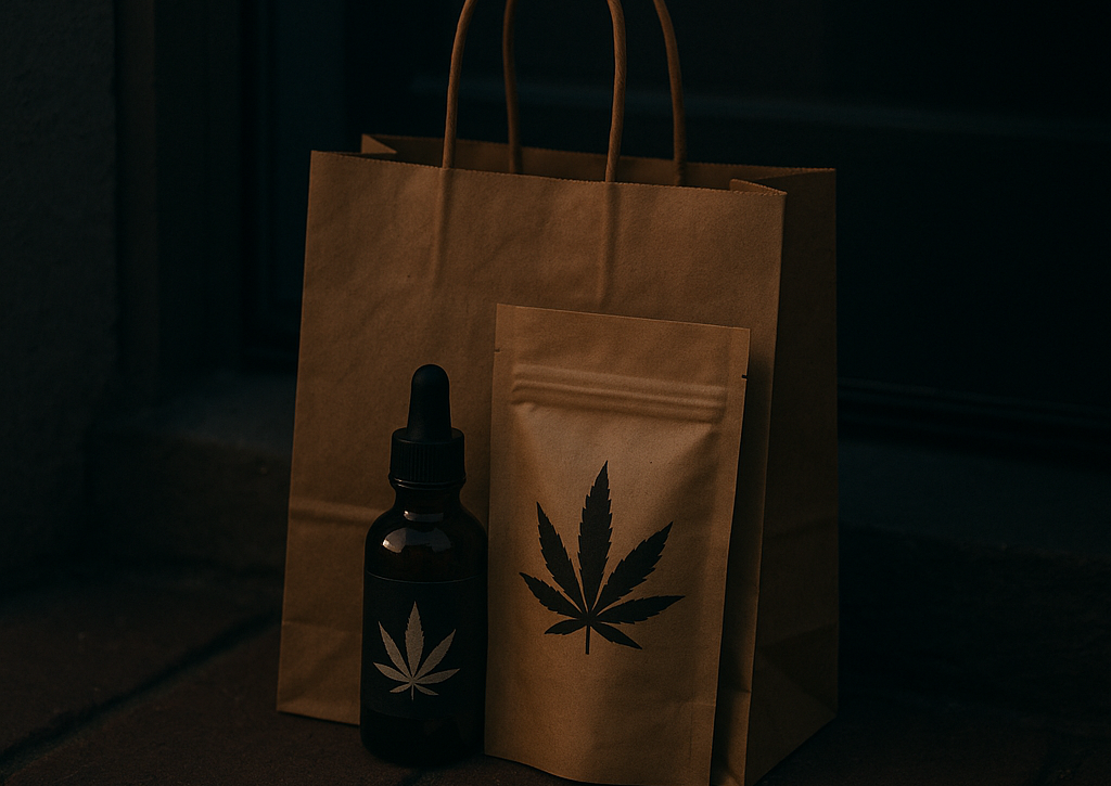 AI : a discreet kraft paper delivery bag with cannabis…