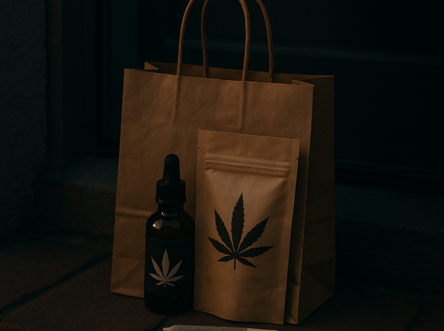 AI : a discreet kraft paper delivery bag with cannabis…