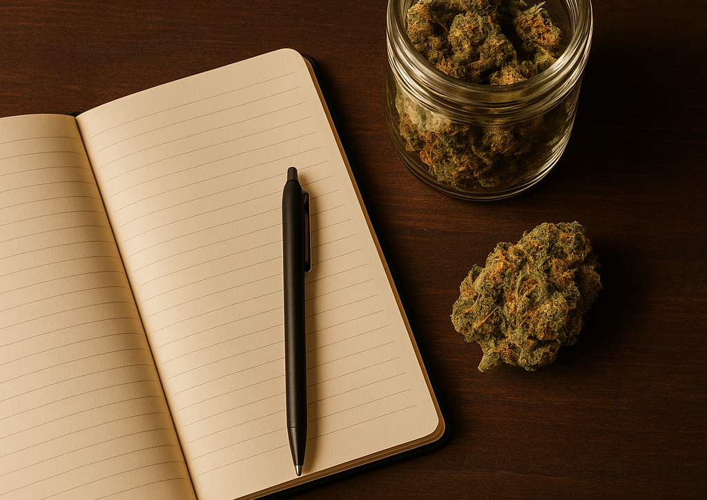 AI : an open notebook and pen beside cured cannabis…