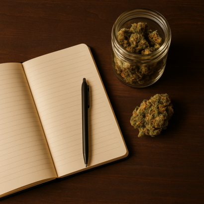 AI : an open notebook and pen beside cured cannabis…