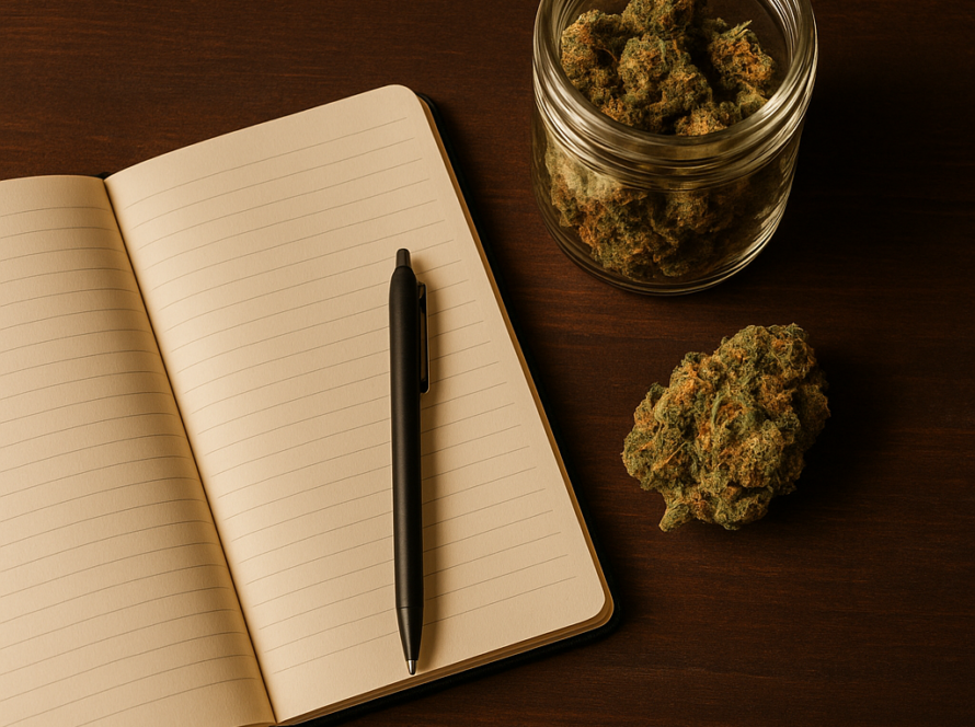 AI : an open notebook and pen beside cured cannabis…