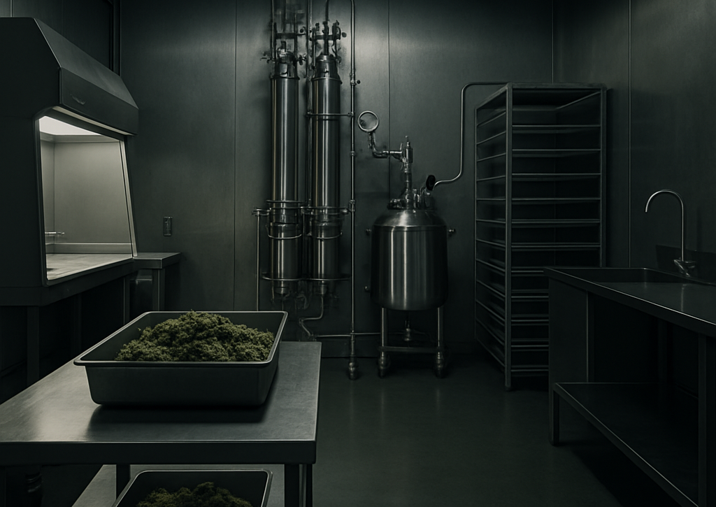 AI : a clean stainless steel cannabis processing lab interior, soft…