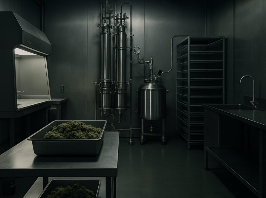 AI : a clean stainless steel cannabis processing lab interior, soft…