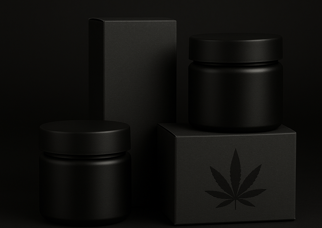 AI : blank unbranded matte cannabis packaging jars and boxes…