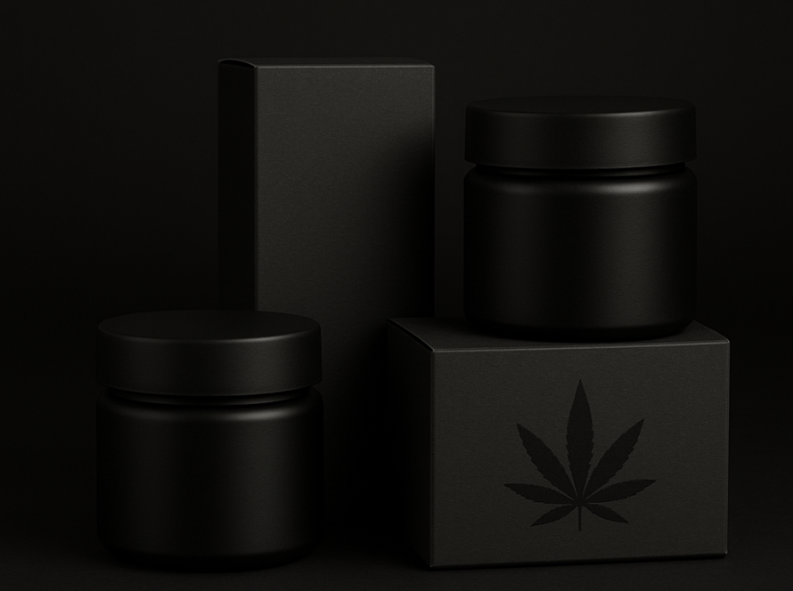 AI : blank unbranded matte cannabis packaging jars and boxes…