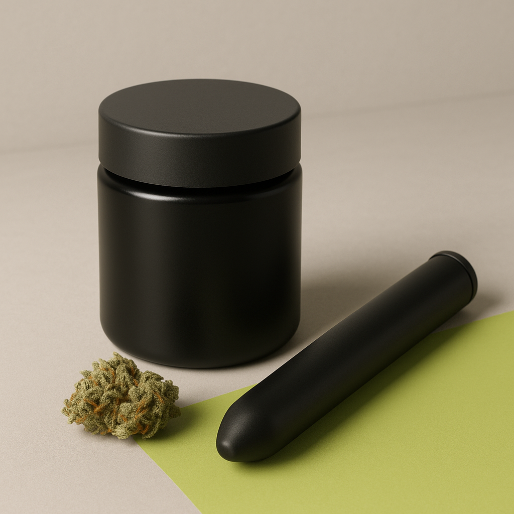 AI : Elegant product still life of unbranded premium cannabis packaging…
